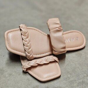 Nude Braided Strap Flat Sandals With Padded Scrunch Detail & Square Toe Design